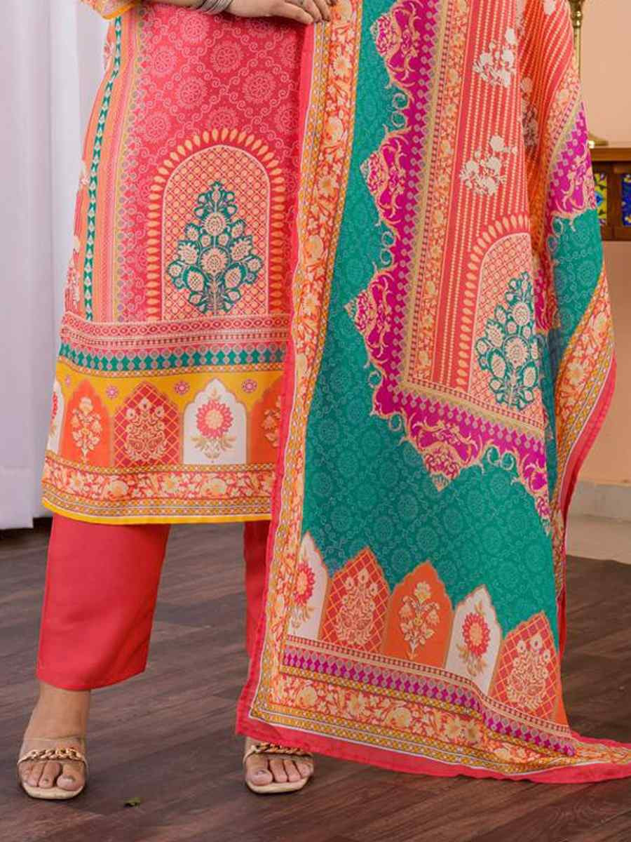 Multi Maslin Embroidered Festival Mehendi Ready Pant Salwar Kameez