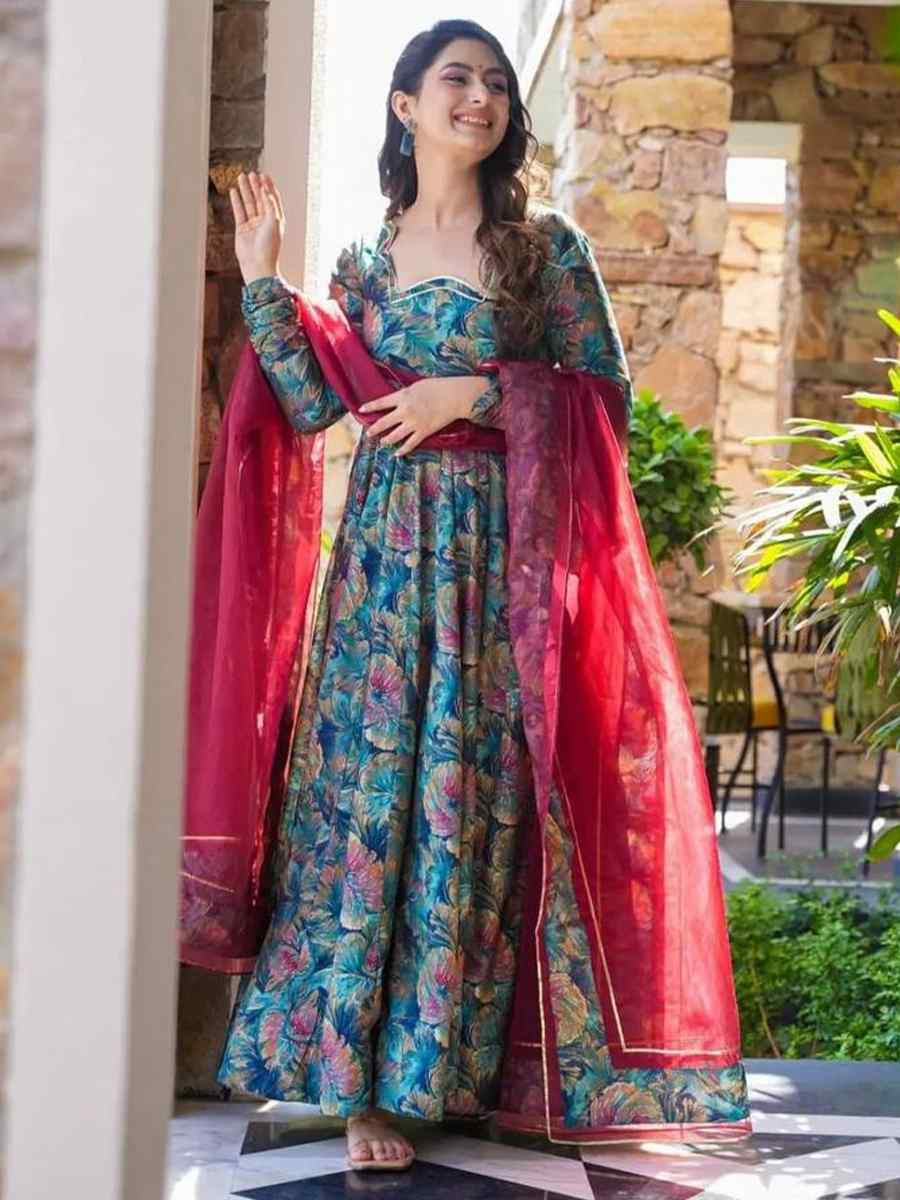 Multi Muslin Embroidered Festival Casual Ready Anarkali Salwar Kameez