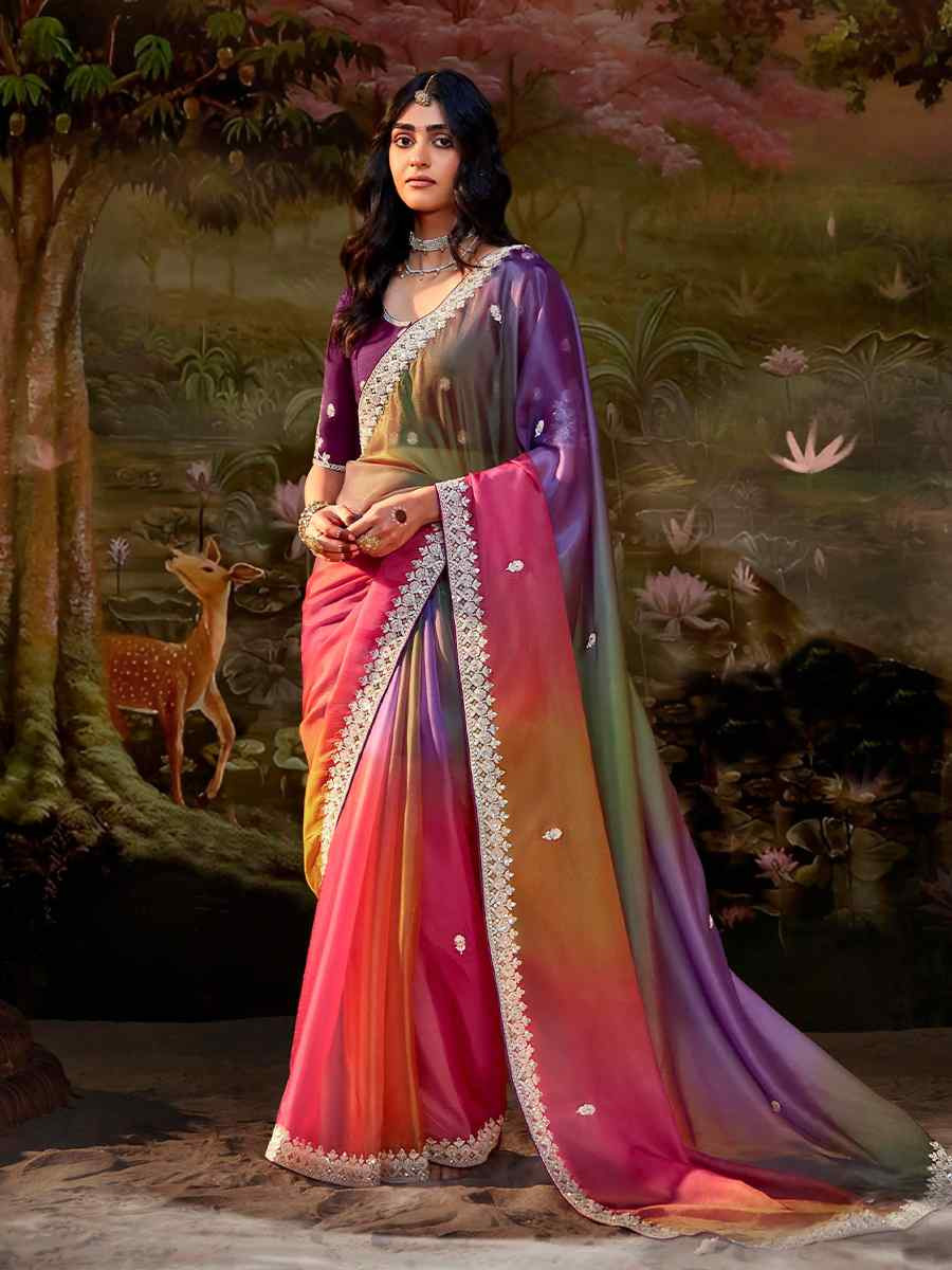 Multi Organza Chiffon Embroidered Reception Party Heavy Border Saree