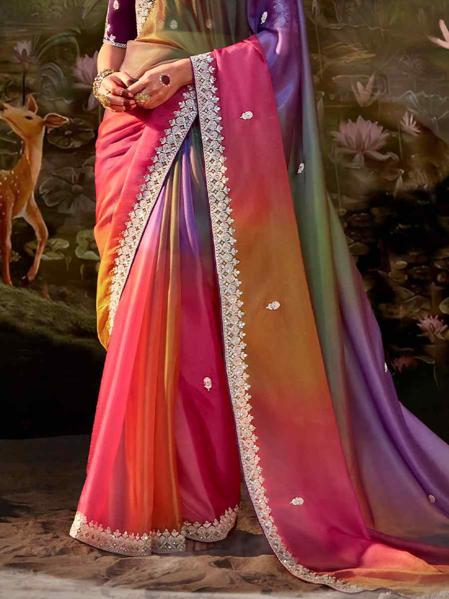 Multi Organza Chiffon Embroidered Reception Party Heavy Border Saree