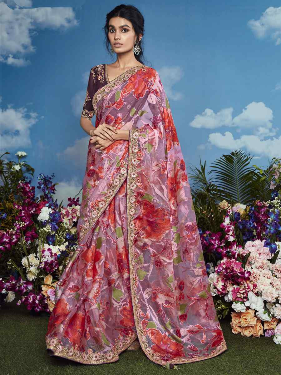 Multi Organza Silk Embroidered Festival Wedding Heavy Border Saree