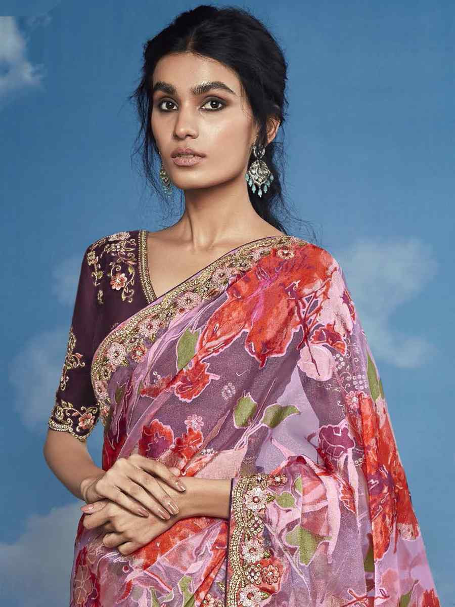 Multi Organza Silk Embroidered Festival Wedding Heavy Border Saree