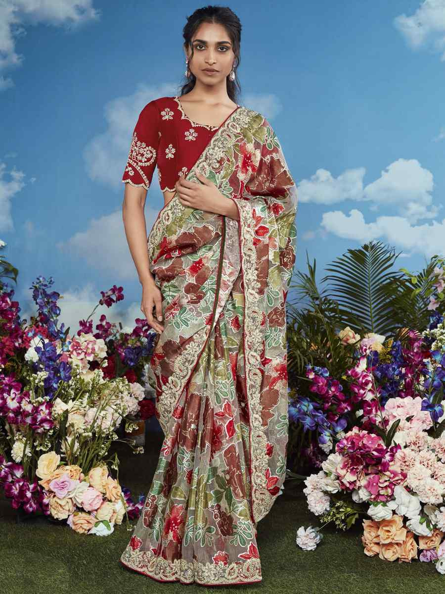 Multi Organza Silk Embroidered Festival Wedding Heavy Border Saree