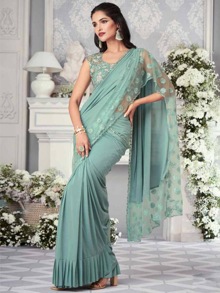 Multi Organza Silk Embroidered Reception Wedding Heavy Border Saree