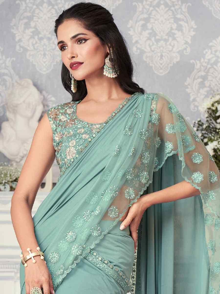 Multi Organza Silk Embroidered Reception Wedding Heavy Border Saree