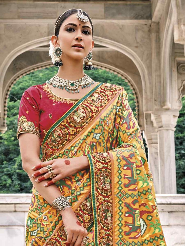 Multi Pathan Patola Pure Silk Embroidered Wedding Festival Heavy Border Saree