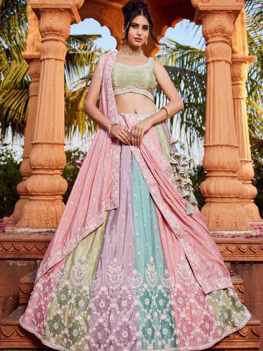 Multi Poly Chiffon Embroidery Reception Party Wear Heavy Border Lehenga Choli