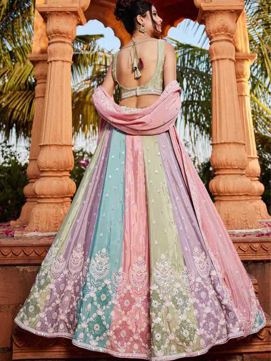 Multi Poly Chiffon Embroidery Reception Party Wear Heavy Border Lehenga Choli