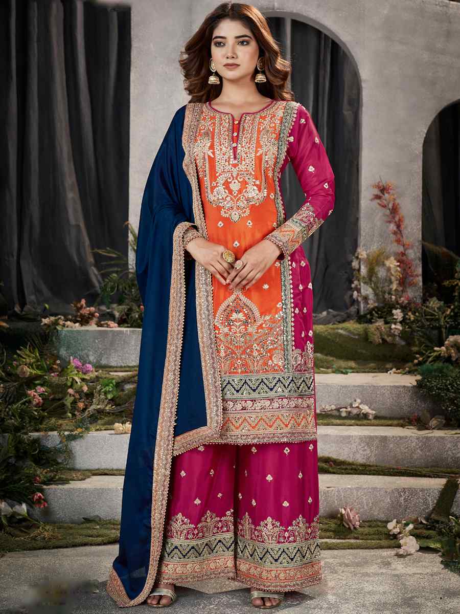 Multi Premium Chinnon Embroidered Festival Casual Palazzo Pant Salwar Kameez