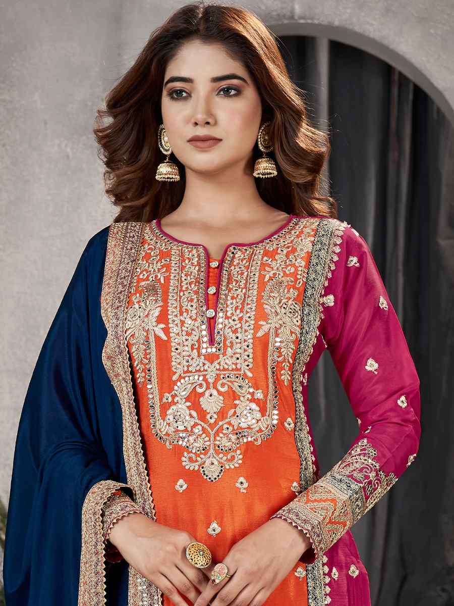 Multi Premium Chinnon Embroidered Festival Casual Palazzo Pant Salwar Kameez