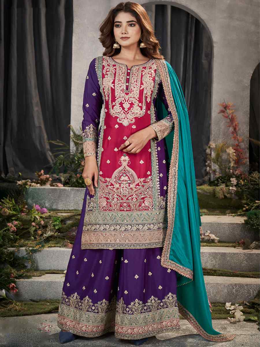 Multi Premium Chinnon Embroidered Festival Casual Palazzo Pant Salwar Kameez