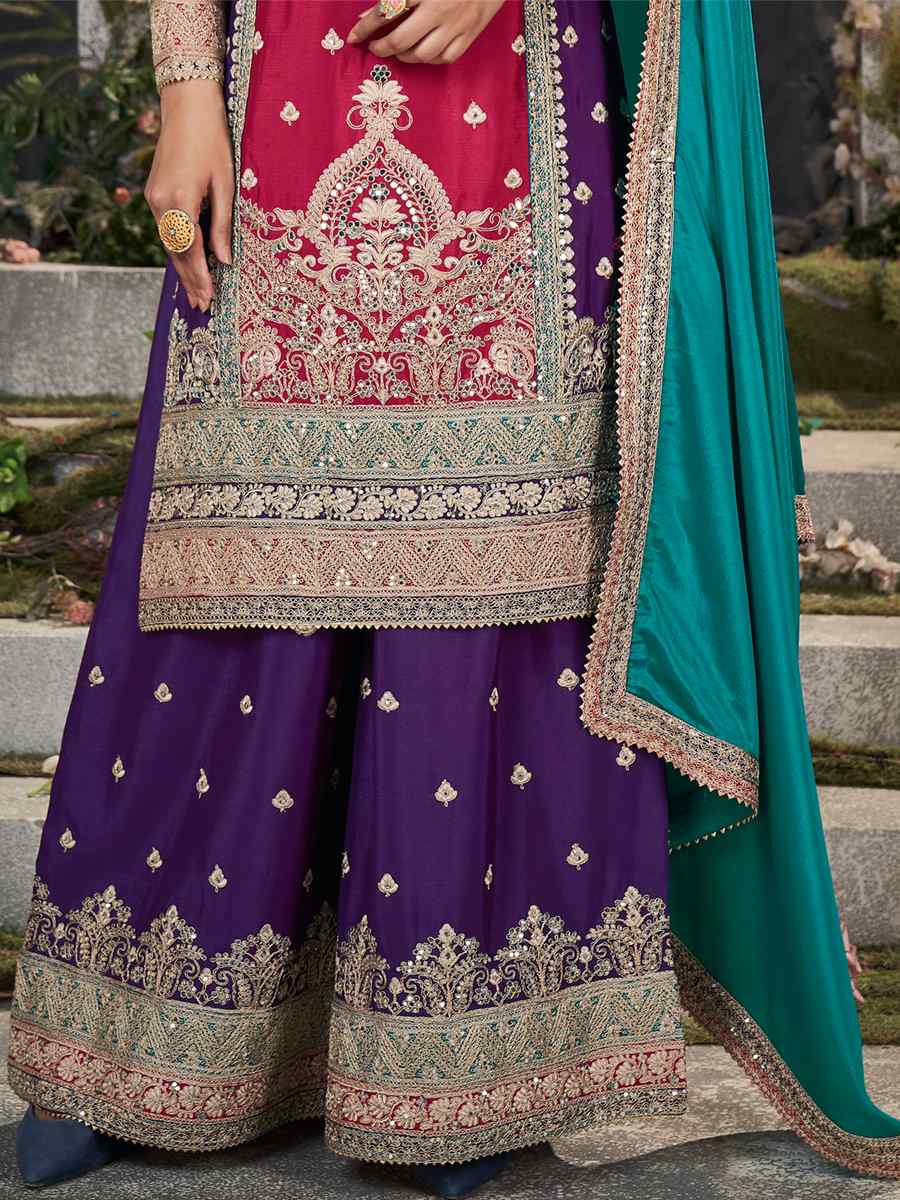 Multi Premium Chinnon Embroidered Festival Casual Palazzo Pant Salwar Kameez