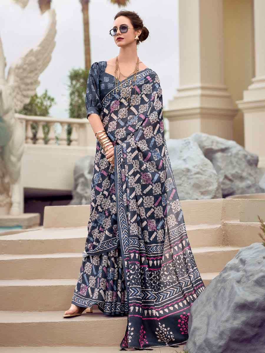 Multi Pure Mal Mal Silk Printed Festival Casual Contemporary Saree