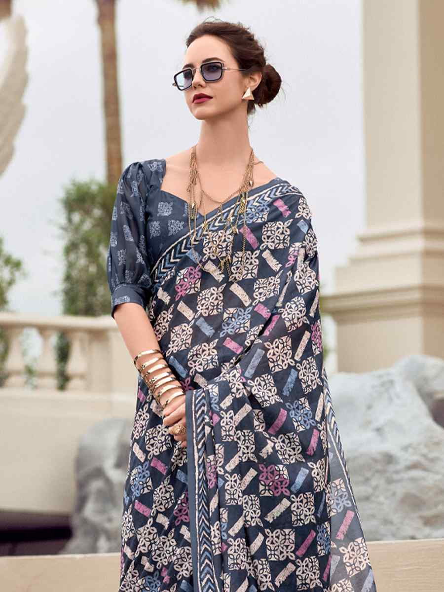 Multi Pure Mal Mal Silk Printed Festival Casual Contemporary Saree