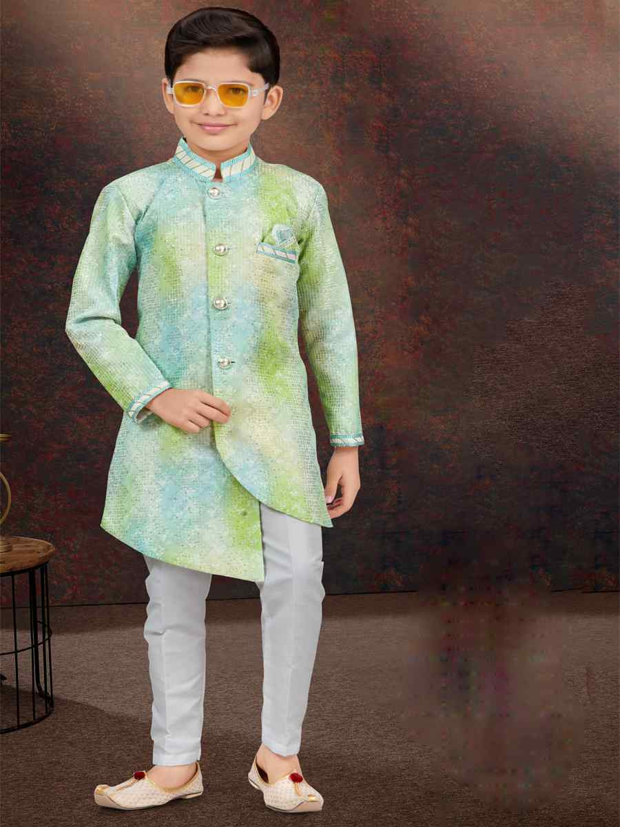 Multi Pure Silk Embroidered Festival Wedding Kurta Pyjama Boys Wear