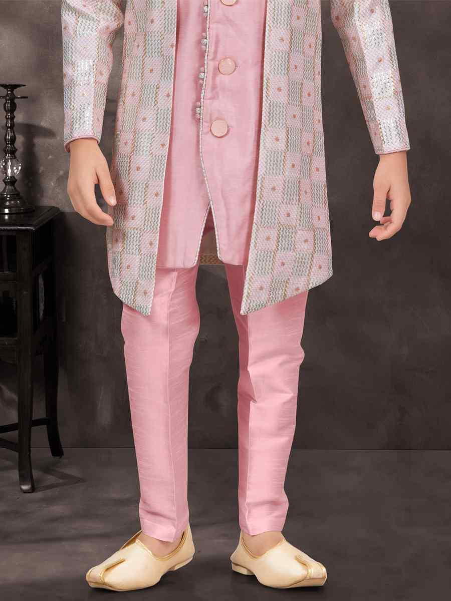 Multi Pure Silk Embroidered Festival Wedding Kurta Pyjama Boys Wear