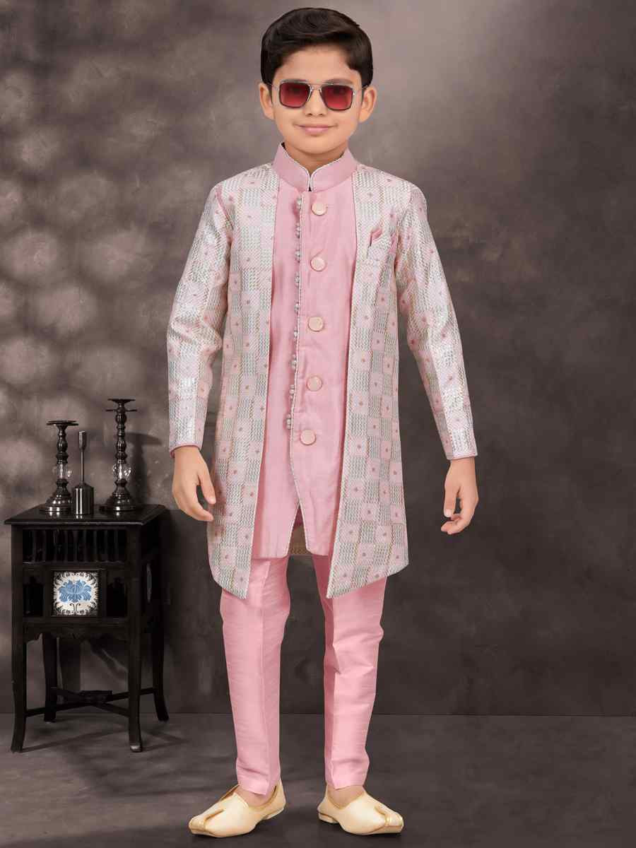 Multi Pure Silk Embroidered Festival Wedding Kurta Pyjama Boys Wear