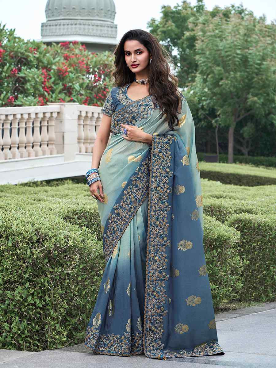 Multi Pure Tissue Silk Embroidered Reception Wedding Heavy Border Saree