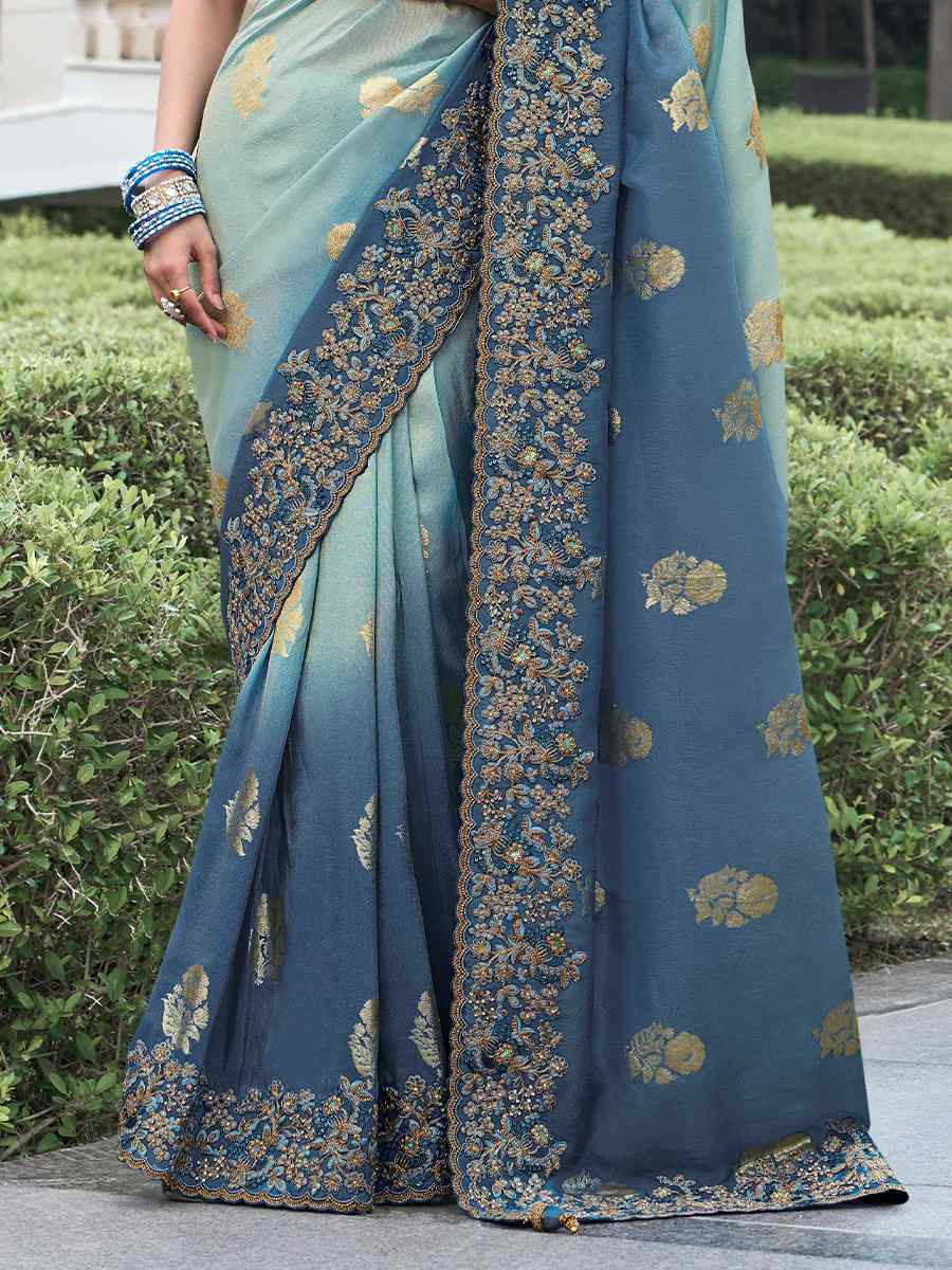 Multi Pure Tissue Silk Embroidered Reception Wedding Heavy Border Saree