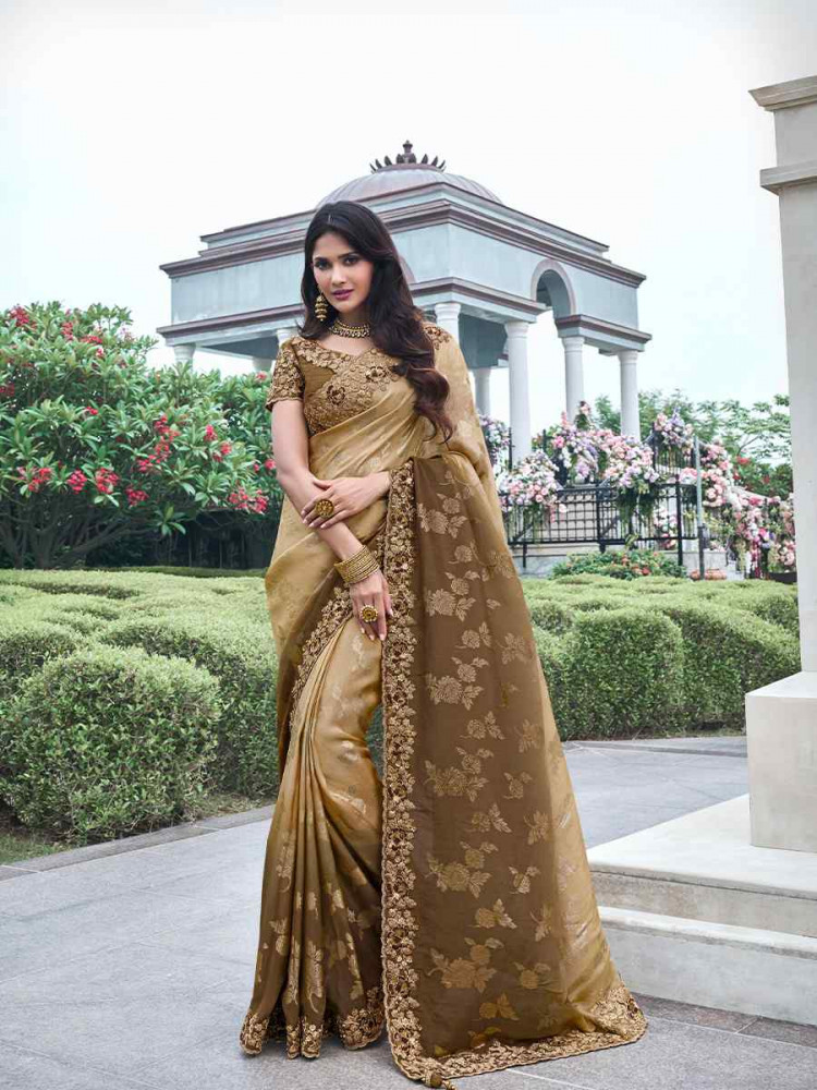 Multi Pure Tissue Silk Embroidered Reception Wedding Heavy Border Saree