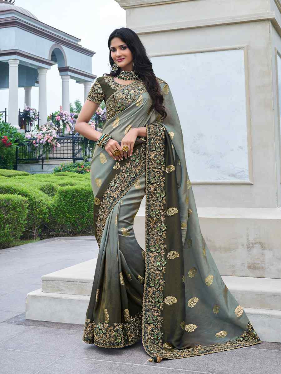 Multi Pure Tissue Silk Embroidered Reception Wedding Heavy Border Saree