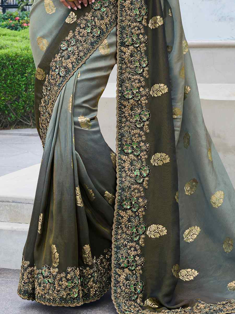 Multi Pure Tissue Silk Embroidered Reception Wedding Heavy Border Saree