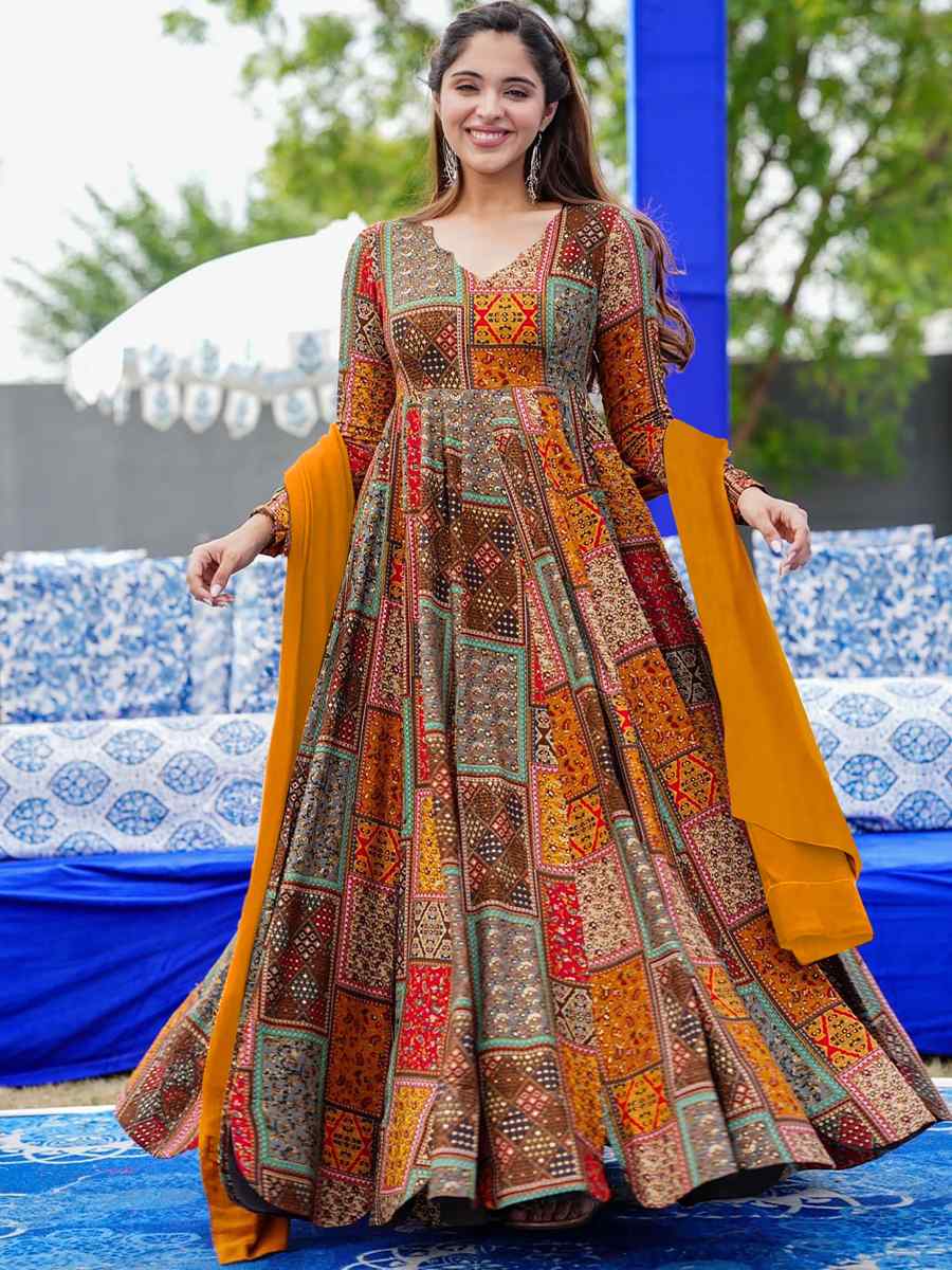 Multi Rayon Printed Festival Mehendi Gown