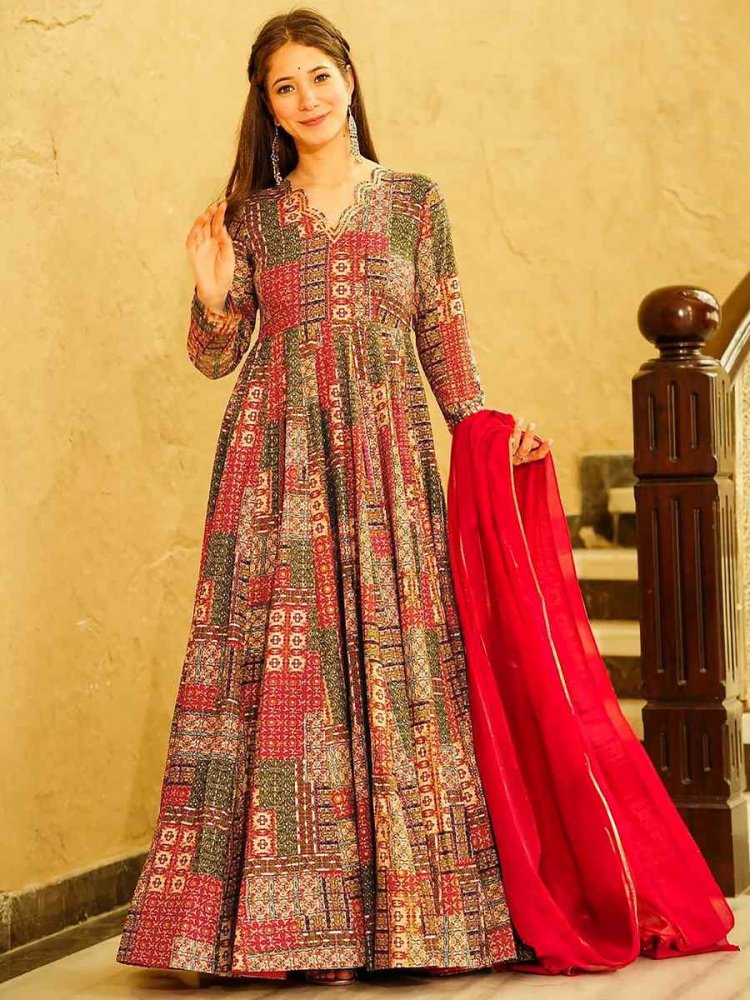 Multi Rayon Printed Festival Mehendi Gown
