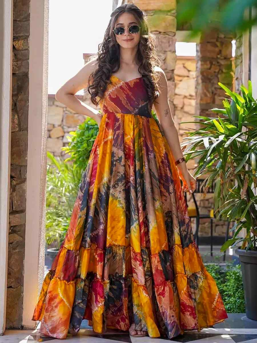 Multi Rayon Printed Festival Mehendi Gown