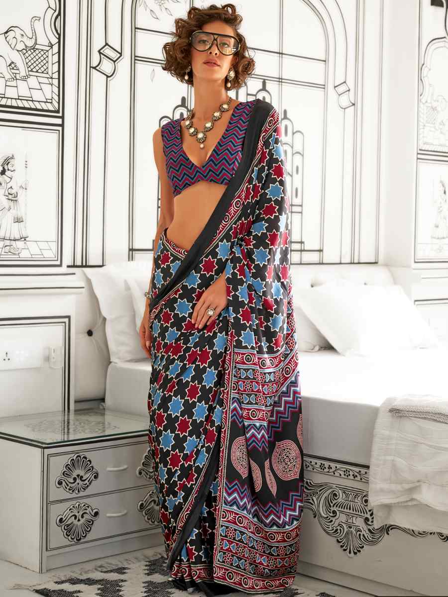 Multi Satin Crepe Printed Festival Casual Contemporary Saree