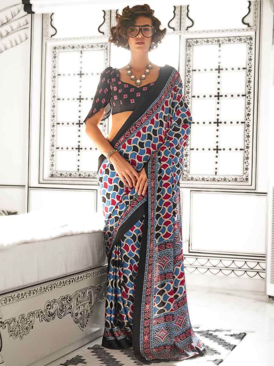 Multi Satin Crepe Printed Festival Casual Contemporary Saree