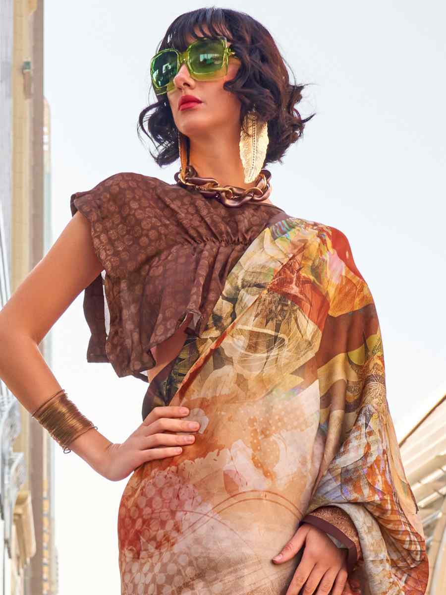 Multi Satin Silk Printed Casual Festival Contemporary Saree