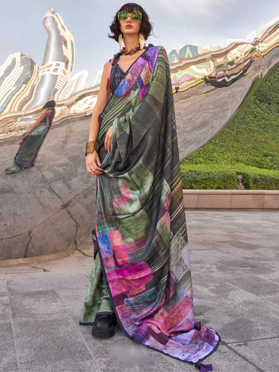 Multi Satin Silk Printed Casual Festival Contemporary Saree