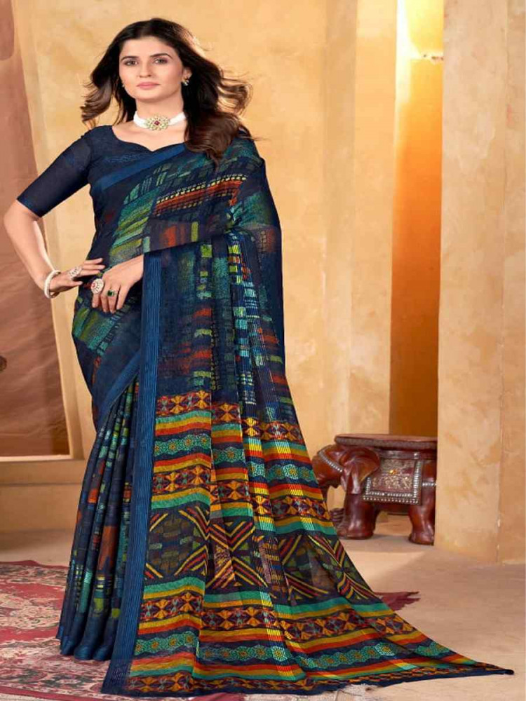 Multi Shimmer Chiffon Printed Festival Casual Contemporary Saree