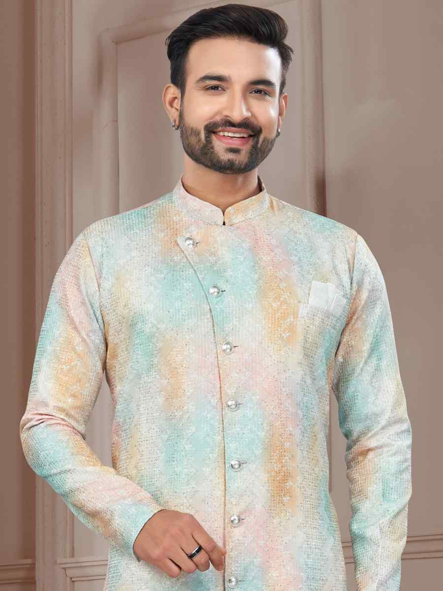 Multi Silk Dupion Embroidered Festival Wedding Sherwani