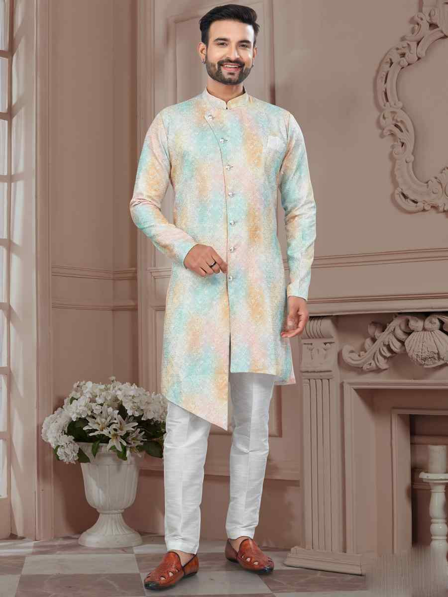 Multi Silk Dupion Embroidered Festival Wedding Sherwani