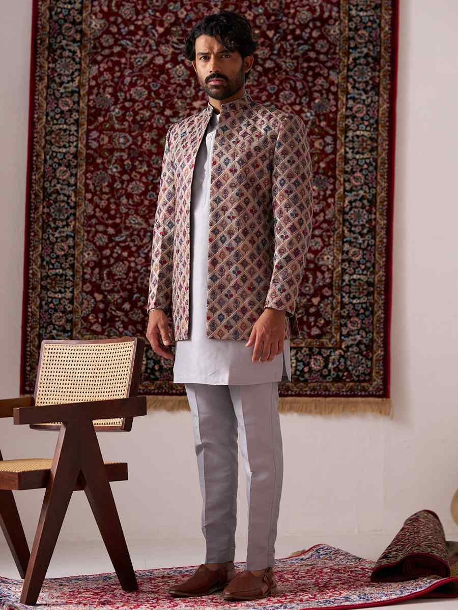 Multi Silk Embroidered Party Wedding Kurta