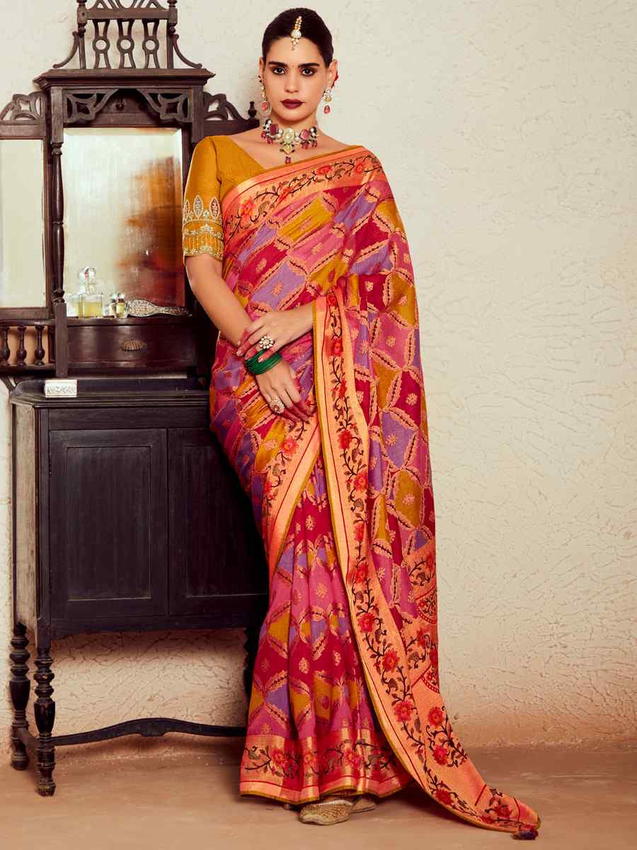 Multi Soft Brasso Embroidered Festival Wedding Heavy Border Saree