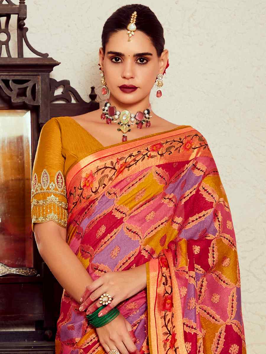 Multi Soft Brasso Embroidered Festival Wedding Heavy Border Saree