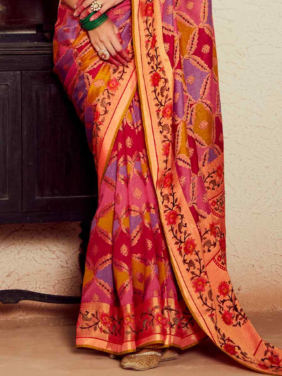 Multi Soft Brasso Embroidered Festival Wedding Heavy Border Saree