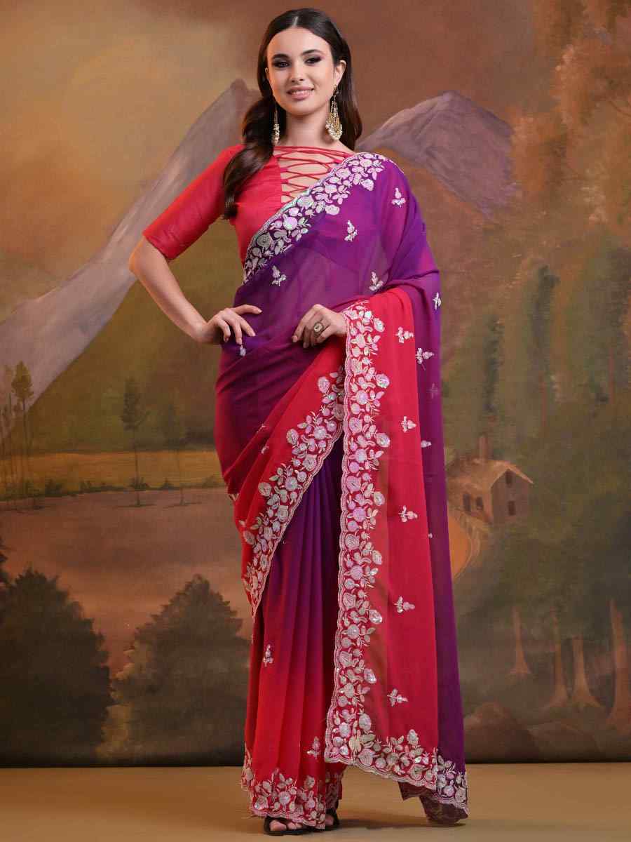 Multi Soft Georgette Embroidered Festival Wedding Heavy Border Saree