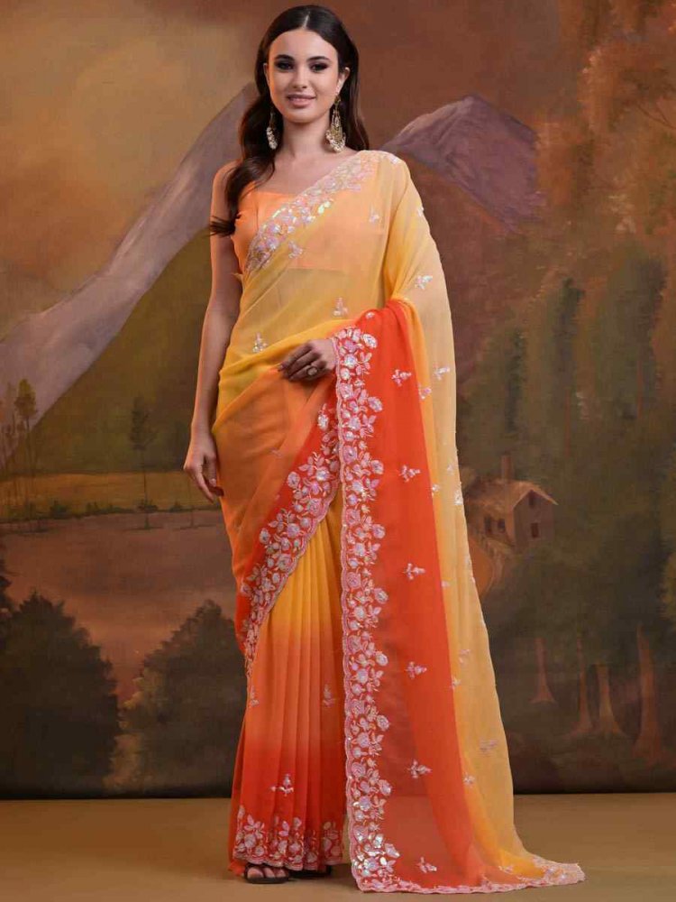 Multi Soft Georgette Embroidered Festival Wedding Heavy Border Saree