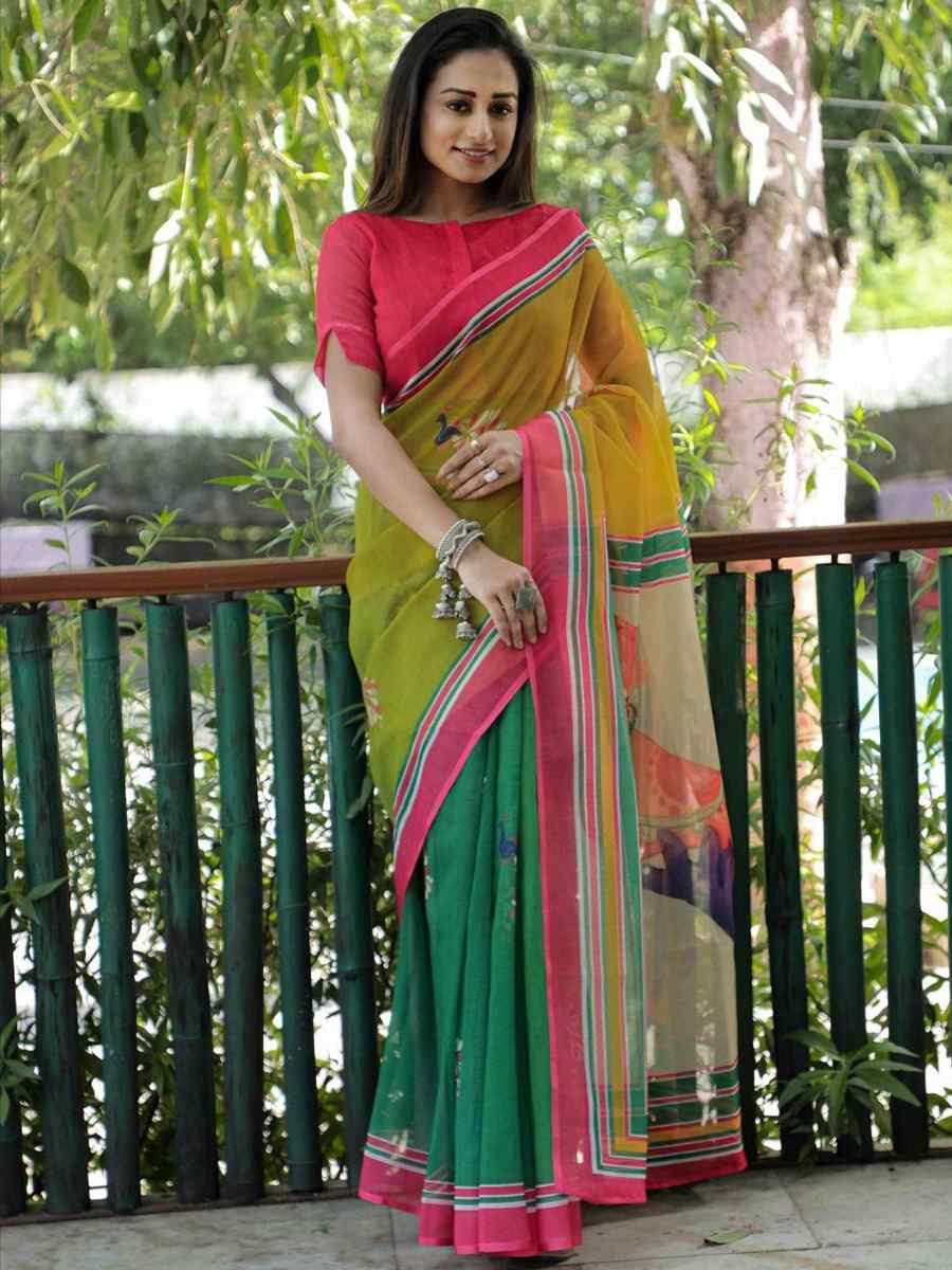 Multi Soft Linen Handwoven Festival Casual Classic Style Saree