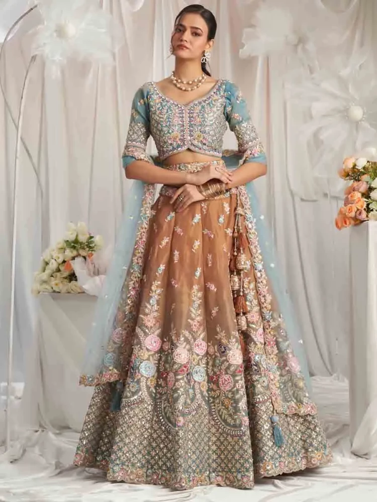 Multi Tissue Embroidered Wedding Bridesmaid Heavy Border Lehenga Choli