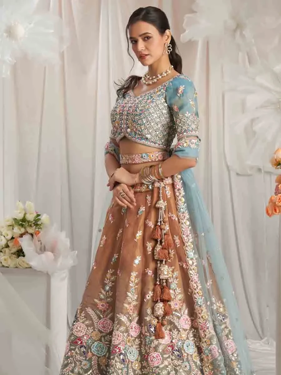 Multi Tissue Embroidered Wedding Bridesmaid Heavy Border Lehenga Choli