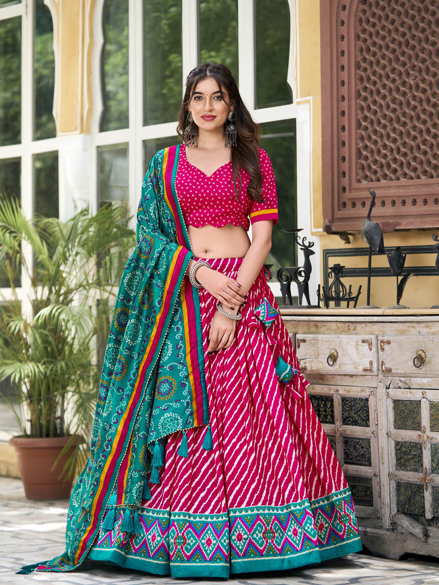 Multi Tussar Silk Printed Festival Mehendi Circular Lehenga Choli