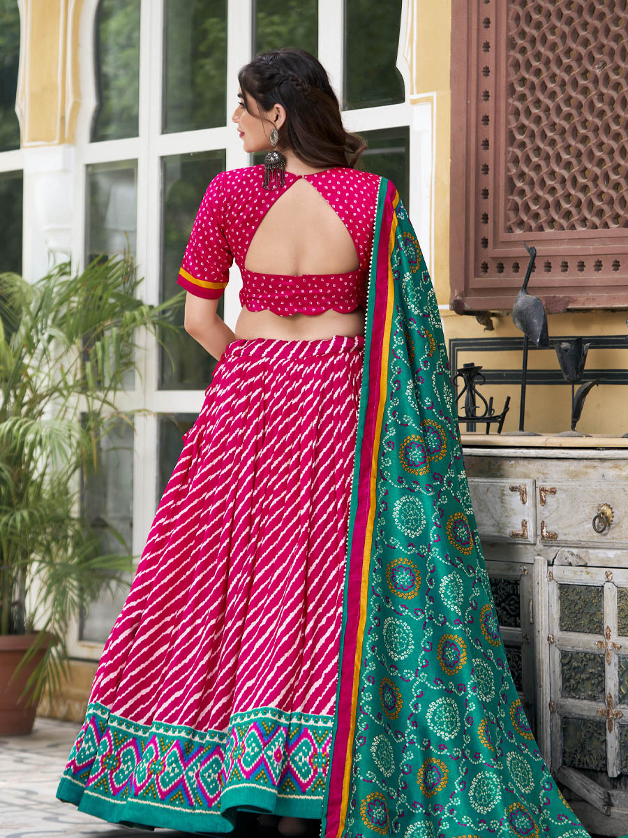 Multi Tussar Silk Printed Festival Mehendi Circular Lehenga Choli