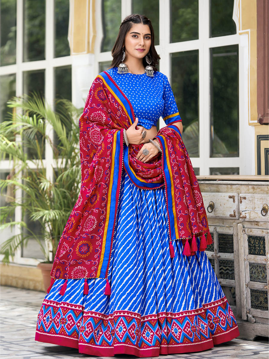 Multi Tussar Silk Printed Festival Mehendi Circular Lehenga Choli