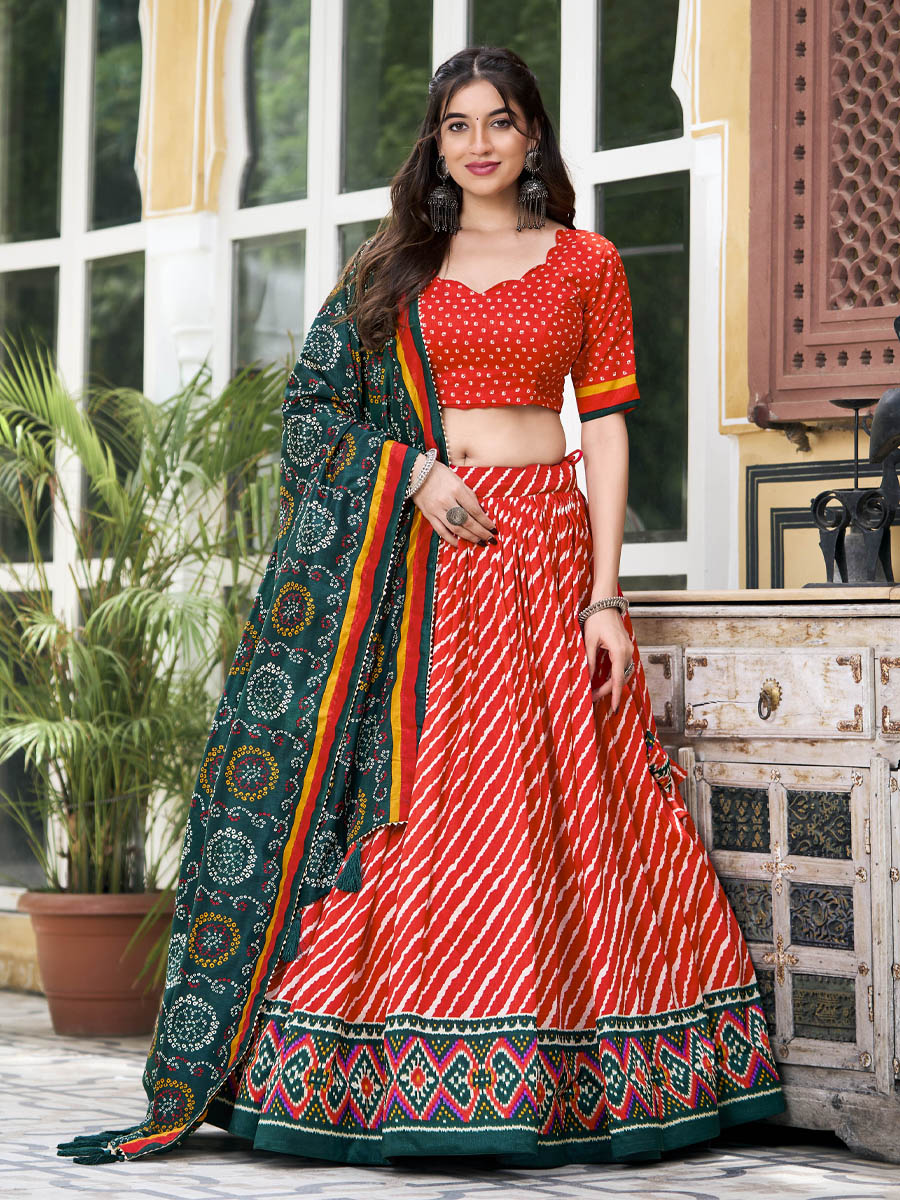 Multi Tussar Silk Printed Festival Mehendi Circular Lehenga Choli