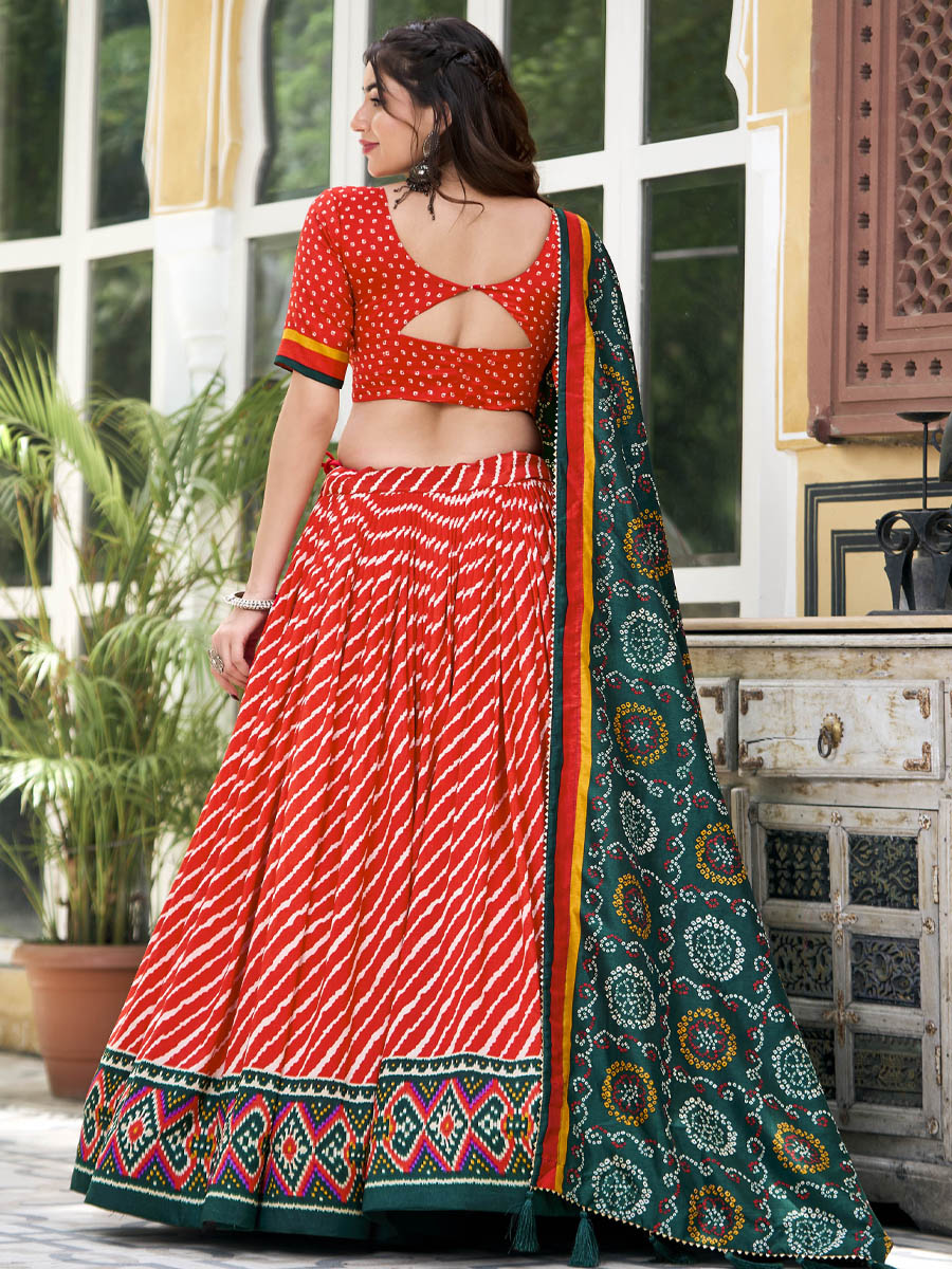 Multi Tussar Silk Printed Festival Mehendi Circular Lehenga Choli